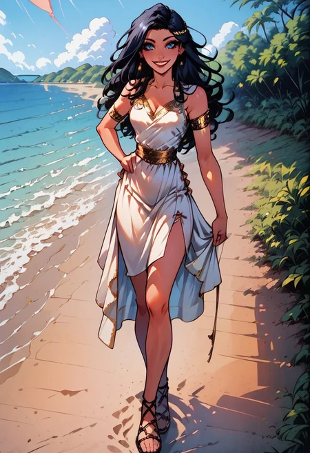 1girl, score_9, score_8_up, score_7_up, western cartoon, sunny lighting, very detailed, depth of field, cinematic illumination, volumetric lighting, full color picture, vibrant colors, gold armlet, long hair, black hair, makeup, looking at viewer, looking forward, full body, wearing a fantasy_toga, sleeveless,<lora:Fantasy_toga_PonyXL:1>, roman sandals, slight cleavage, walking, facing forward, looking at viewer, high quality, blue eyes, waving with right hand, left hand on hip, smile, light freckles, small bust, beach, beautiful sand, ocean in background, beautiful face, very detailed face, alone, solo, shield on back, short toga, gold lasso, lasso on side of waist, short skirt, high slit in skirt,