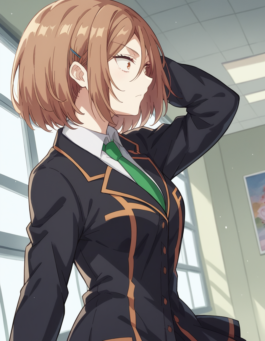 score_9, score_8_up, score_7_up, source_anime, <lora:yayoi-toba-s1-ponyxl-lora-nochekaiser_r1:1>, yayoi toba, short hair, brown hair, hair ornament, brown eyes, hairclip, medium breasts,, skirt, shirt, long sleeves, school uniform, jacket, white shirt, pleated skirt, necktie, black jacket, cardigan, green necktie, museum, art exhibit, paintings, observing, quiet contemplation, cultural experience, , , from side, solo,, cowboy shot, dutch angle,