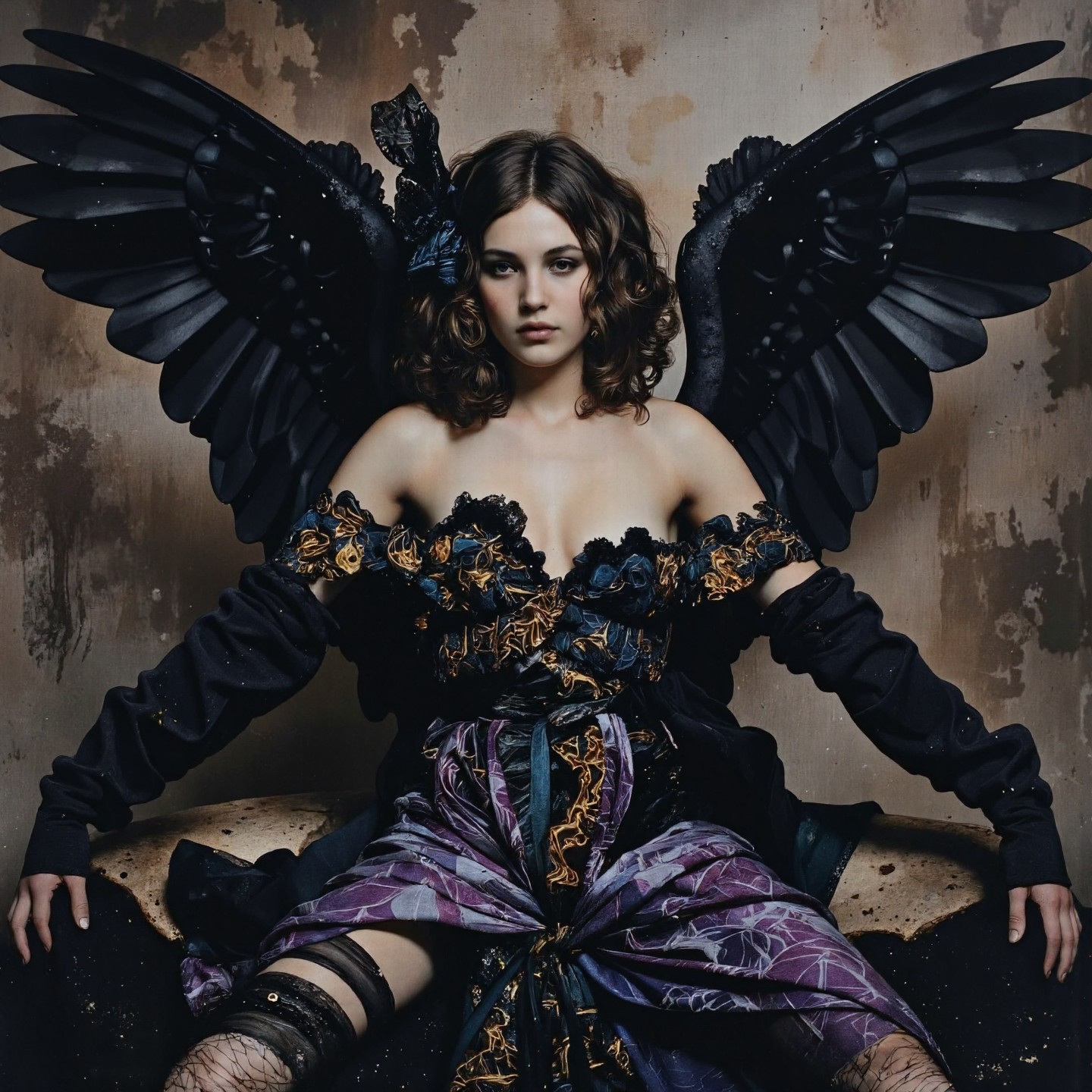 <lora:40s_Vintage_Nudity:0.8> Colour artwork. Decadent Movement, portrait view, Scottish, water theme, white-toned photo of an abyssal goth clothed winged wrinkled princess sitting in a dark decrepit hot spring, intricate black and purple and gold fractal gown, eldritch, distorted, billowing bright dust, very detailed, . a00-a19