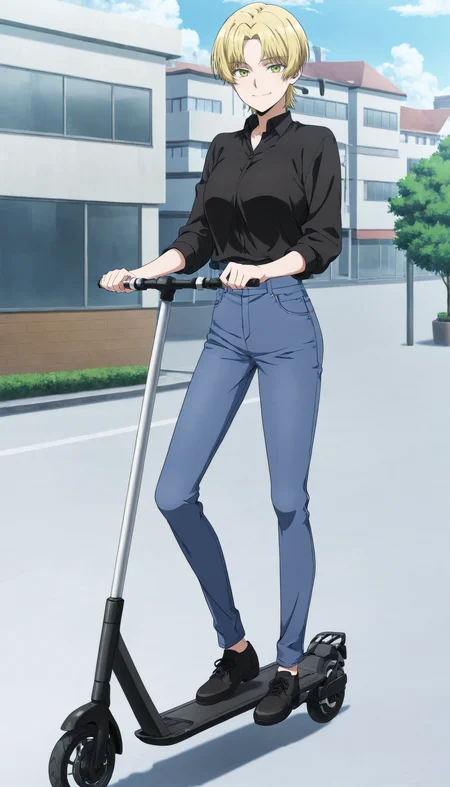 score_9, score_8_up, score_7_up, score_6_up, source_anime, high res, anime coloring, anime screencap,1girl,solo,full body,from front<lora:Scooter_Illustrious:0.7>Scooter,stand on Scooter,black collared shirt,jeans(cool,looking at viewer,cool smile),modern town,Speed,wind <lora:(Illustrious)Eve Rockefeller illustxl:1> blonde hair, short hair, green eyes, parted bangs