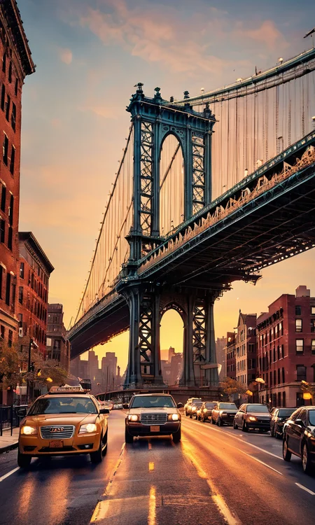 4n1v3rs3, zPDXLrl, (Manhattan bridge view), retro illustration, like it's made in adobe illustrator, at sunset <lora:add-detail-xl:2>