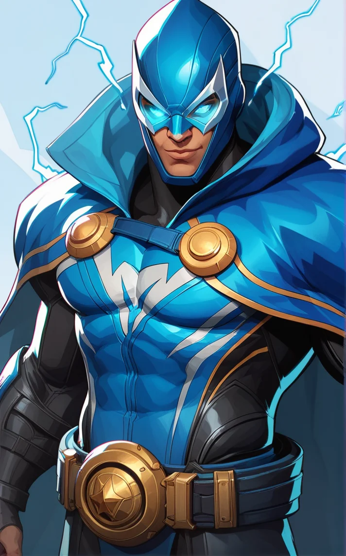 score_9, score_8_up, score_7_up, absurdres, <lora:PONYXL_STYLE_MarvelRivels_ownwaifu:1>, BREAK PONYXL_STYLE_MarvelRivels_ownwaifu, blue eyes, 1boy, upper body, male focus, belt, hood, armor, glowing eyes, electricity, mask, helmet, weapon, cape, superhero<lora:add-detail-xl:0.15>,