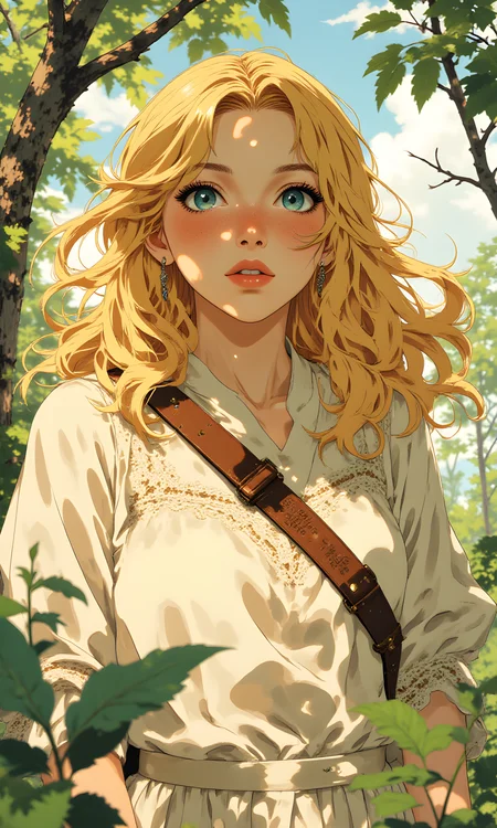 The light is soft and diffused, as though filtered through a canopy of leaves or the gentle haze of a summer afternoon. At the center of this serene setting stands a young woman, her presence both ethereal and grounded. Her hair is a cascade of golden blonde strands, loose and flowing around her shoulders like liquid sunlight. The fine texture of each strand is visible, catching the light in a way that makes them shimmer with an almost otherworldly glow.
Her eyes are striking, a vivid shade of blue that seems to hold the very essence of the sky within them. They are wide and expressive, filled with a quiet intensity that suggests she is deeply attuned to her surroundings. Her gaze is direct, meeting the viewerâs with a calm confidence that belies any sense of vulnerability. Freckles dust her cheeks and nose, adding a touch of warmth and natural beauty to her features. Her skin is smooth yet alive, hinting at hours spent under open skies.
She wears a delicate garment, likely handmade, with intricate details that speak of craftsmanship and tradition. The fabric is a pale, creamy white, adorned with subtle embroidery and small, sparkling embellishments that catch the light. A brown leather strap crosses her chest, bearing faint inscriptions or symbols that suggest a connection to something ancient or meaningful. The overall effect is one of simplicity and elegance, as though she has stepped out of a storybook where magic and reality blur together.
In the background, hints of nature peek throughâa blurred glimpse of branches or vines, perhaps part of a garden or forest. The colors are muted, allowing the woman to stand out as the focal point of the scene. There is a sense of tranquility here, as if time has slowed, leaving only the gentle rustle of leaves and the soft hum of life in the air.
Her expression is serene, almost contemplative, as though she is lost in thought or simply basking in the moment. The overall atmosphere is one of timeless beauty, where every detailâthe texture of her hair, the sparkle of her eyes, the intricate patterns on her clothingâcontributes to a portrait of someone who exists in perfect harmony with the world around her.
j_art, anime, anime art, <lora:FLUX\jul\J_Anime:0.7>, <lora:FLUX\RealAnime:0.7>