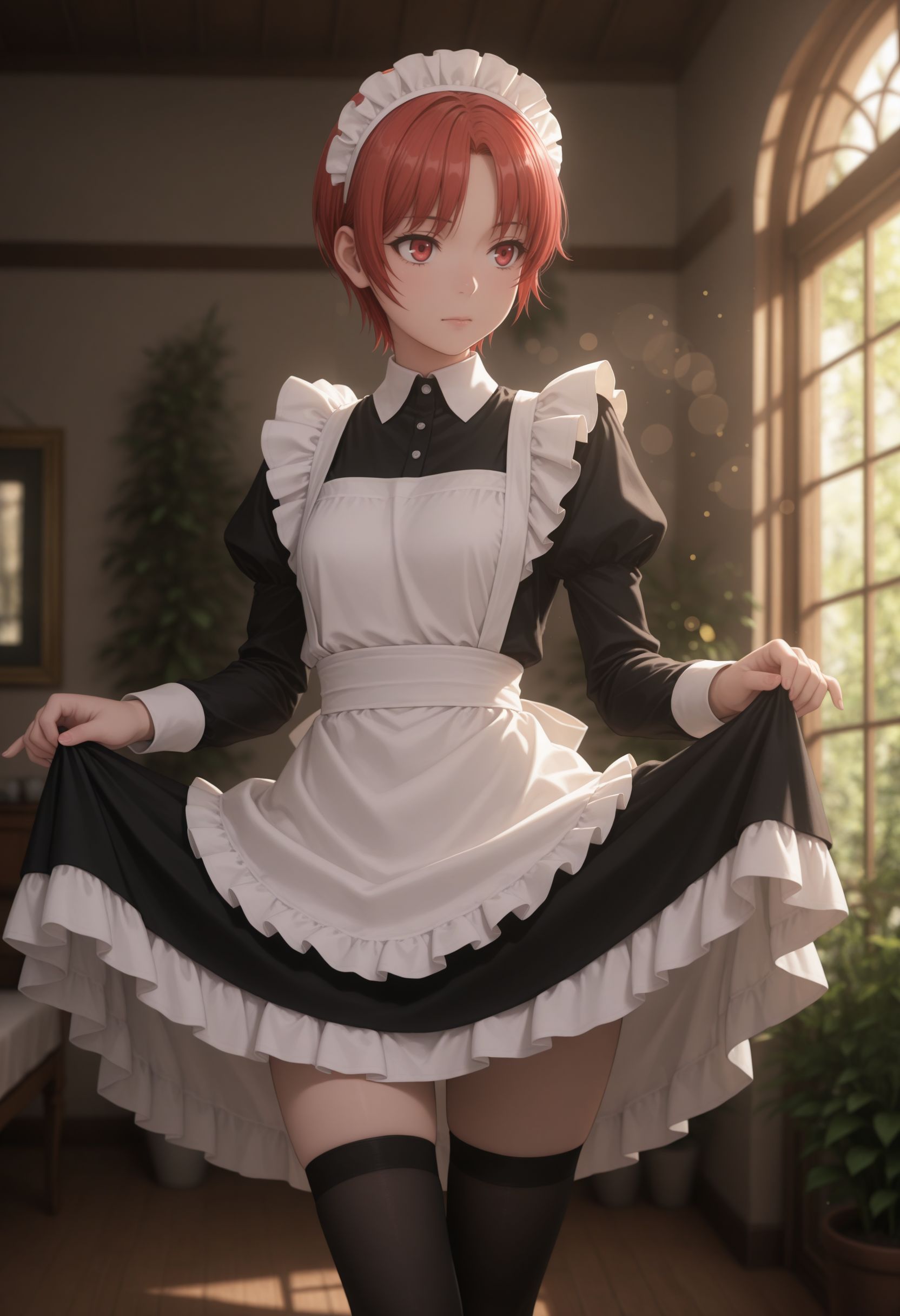 masterpiece,best quality,absurdres,highres,very aesthetic,high quality,detailed,insanely detailed,beautiful,perfect lighting, ,depth of field,blurry background,bokeh, 
 <lora:Izumi Rita Illu :1> 1girl, short hair, red hair, , red eyes, 
garden, standing, cowboy shot, maid, maid headdress, skirt hold, curtsey, zettai ryouiki,