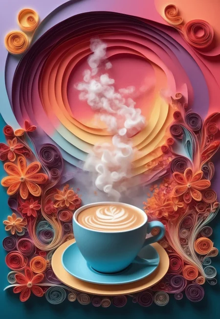 Paper quilling, layered paper. (A coffee cup steaming, with swirling patterns creating the steam). (Background: a café table, vibrant paper flowers decorating the scene).
4k, high quality, masterpiece,