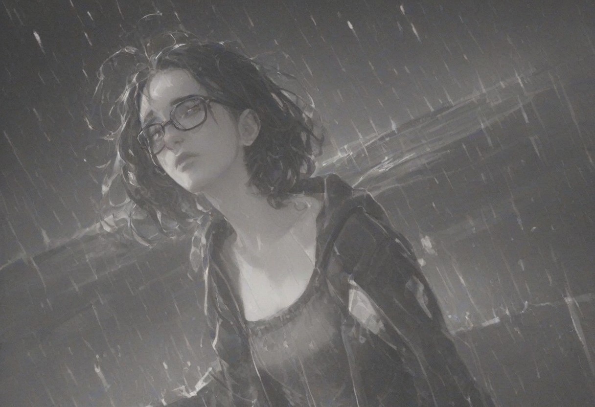 a girl standing on a high pier at night, standing at a 45 degree angle, wearing glasses, staring at the ocean off into the distance, ( side of the frame:1.1), looking away from viewer, sad, longing, highly detailed, dark, BlackRoseT,