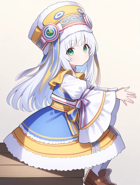 perfect quality,best quality,absolutely eye-catching,ambient occlusion,raytracing BREAK
1girl,<lora:riria IL v1.1:0.9>,riria,white hair,green eyes,long hair,hat,dress,lace trim,wide sleeves,long sleeves,shoes,ribbon,whie pantyhose,, from side, looking at viewer,macro_shot,the_pose,fingers_together,reaching,sitting,