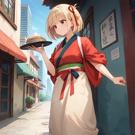 score_9, score_8_up, score_7_up, score_6_up, score_5_up, score_4_up, BREAK source_anime, 1girl, solo, outdoors, city, standing, holding tray, masterpiece, best quality, high detailed skin, nishikigi chisato, chisato kimono, short hair, blonde hair, hair ribbon, red eyes, japanese clothes, red kimono, blue kimono, red ribbon, apron, tabi,