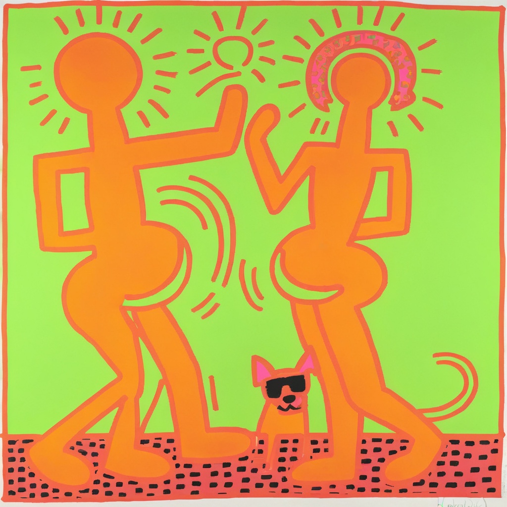 keithharingxl, a painting of a man and a woman with a dog <lora:KeithHaringXL_v1:1>