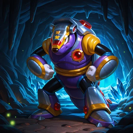 <lora:Armored_Armadillo_Megaman_X_Illustrious:1> Armored Armadillo, 1boy, medium shot, classic design, hands on own hips, eyes half closed, smirk, crystal cave, purple fireflies, masterpiece, masterwork, mineshaft, control panel, red particles,( photorealistic, 8K CGI render),
