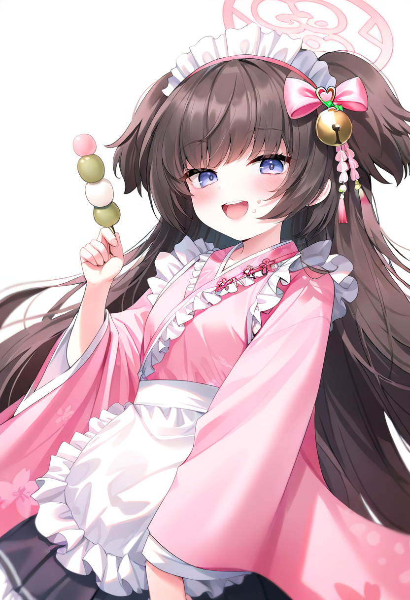 1girl,shizuko \(blue archive\),blue archive,bell,black hair,blue eyes,blunt bangs,blurry,bow,dango,depth of field,food,food on face,hair bell,hair bow,hair ornament,halo,hand up,holding,holding food,japanese clothes,kimono,long hair,long sleeves,looking at viewer,maid headdress,open mouth,pink bow,pink halo,pink kimono,sanshoku dango,simple background,solo,teeth,two side up,upper teeth only,wagashi,white background,wide sleeves,blush,:d,maid,very long hair,apron,brown hair,wa maid,sidelocks,frill,smile,frilled apron,jingle bell,eyelasheppo,upper body,tassel,white apron,floating hair <lora:caoXL_NBVP1_lokr_V6311PZ:0.95>