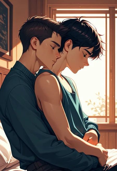 Male focus, stunning masterpiece, ((best quality:1.2)), ((two boys hugging each other)), handsome, cute, 18yo, perfectly detailed handsome face, high cheekbones, strong jawline, detailed eyes, short hair, slim waist, intimate, BREAK ultra-high-definition, sharp details, high quality, realistic, natural textured skin, 16k, intricate details, Expressiveh, World class and stunning, BREAK head and shoulders shot, close-up, hug from behind, face tucked into neck, arms around waist, bedroom, chiaroscuro, soft light, cuddling, hug, looking down, tilted head, couple, unique angle, pretty_boy, satisfiedpeach, aidmaMJ6.1