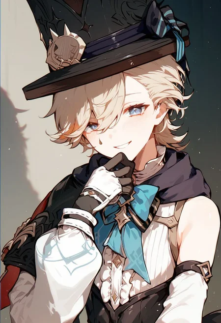 score_9, score_8_up, score_8, anime style, score_9, score_8_up, score_8, anime style, source_anime, otoko no ko, trap, androgynous, solo, 1boy, lyney_\(genshin_impact\), male_focus, teardrop_facial_mark, black_gloves, black_headwear, detached_sleeves, white_shirt, top_hat, top_hat, fantasy city, fountain, smile, upper body, Expressiveh