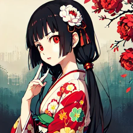 enma ai, hair down, hair black, bangs, eyes red, masterpiece, best quality, ultra-detailed, illustration, 1girl, solo, highres, photorealistic, ultra high res, (Original illustration composition), (fusion of limited color,Maximalism artstyle, kimono obi fashion, double exposure, background, illustration, Amazing, lily spider, night darkness, open one's mouth, middle finger show, bouquet flowers red, low twintails, (polychromatic peony:1.15), Movie poster,