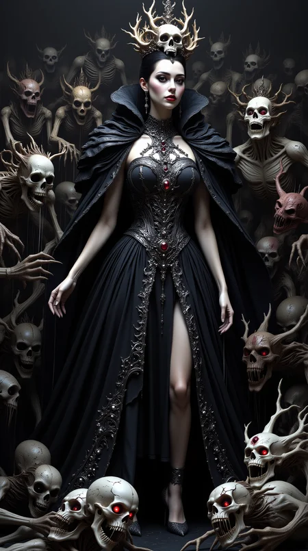 A breathtaking queen, the Queen of Death, stands tall in regal, dark robes adorned with intricate silver filigree. Her face is pale and serene, her eyes glowing with a haunting, ethereal light. Atop her head rests a twisted crown made of bleached bones, shaped like a skull, with dark energy crackling between the gaps. Around her, grotesque horror puppets litter the groundâsome appear to be in motion, their strings pulled by unseen forces, as if puppeteers are controlling them. Their expressions are twisted, with lifeless eyes and cracked porcelain faces. A few puppets even seem to engage in eerie dances or sinister performances, while the queen stands calmly, her presence commanding both awe and fear.
