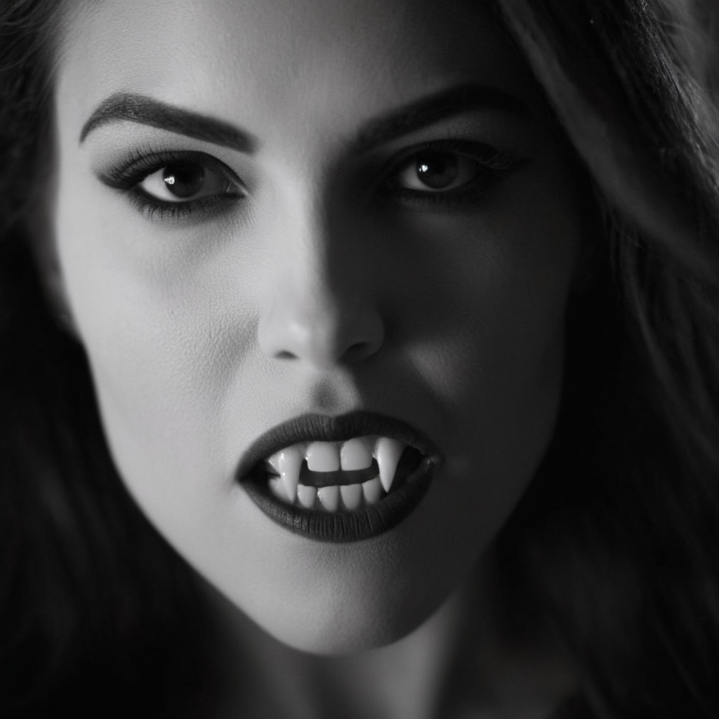 cinematic film still of  <lora:vampire fangs teeth 2:1.2>
Female Vampire a closeup of a hot black and white woman with a Vampire Fangs Teeth staring at camera, shallow depth of field, vignette, highly detailed, high budget, bokeh, cinemascope, moody, epic, gorgeous, film grain, grainy