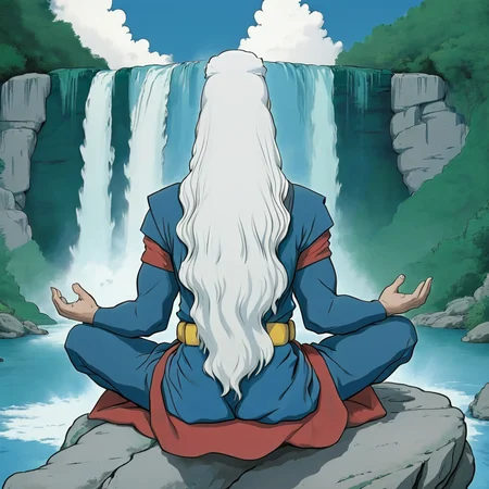 <lora:Retro_Anime_Flat_ColorsSDXL:1> ArsMJStyle, Retro Anime Flat Colors, The image shows a woman sitting on a rock with her back to the viewer meditating in front of a waterfall. She has long white hair and is wearing a blue and red outfit with a yellow belt. The woman is sitting in a lotus position with her hands in a meditative pose. The waterfall cascades down the rocks in the background creating a beautiful and serene atmosphere. The sky is blue with white clouds and the water is a deep blue-green color. The overall mood of the image is peaceful and meditative., 1boy, male focus, long hair, solo, sky, sitting, white hair, outdoors, water, waterfall
