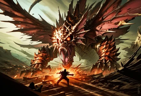 DIMStyle, (zoomed out), black knight fighting a giant dragon, epic fantasy battle, dramatic feel, high detail, high definition, sharp focus, best quality, score_9, score_8_up, score_7_up