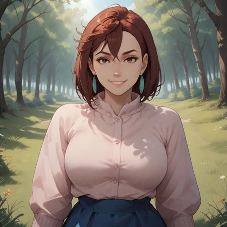 score_9, score_8, BREAK, solo, Momo Ayase, Dandadan, Burgundy eyes, Green earrings, Pink shirt, Blue skirt, adult female, mature female, breasts, sexy pose, self portrait, smile, outdoors, sunlight, shadows, evening lighting, natural lighting, forest, trees, grass, orange sky, sunset