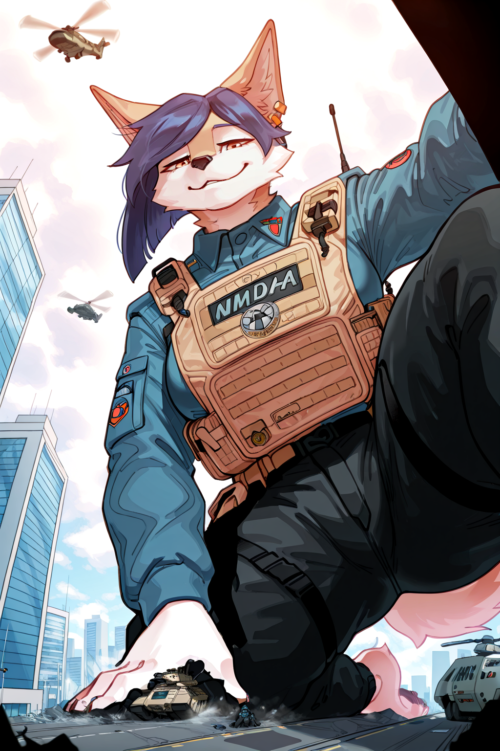 masterpiece, best quality, newest, absurdres, highres, furry, perfect anatomy, (solo), korean_jindo, kirina violet, earrings, (macro:0.4), blue combat shirt, long sleeve, tan plate carrier, black combat pants, MDA patch, crawling, low angle view, worm's-eye view, looking at viewer, helicopters, smile, buildings, orange eyes, by pederont