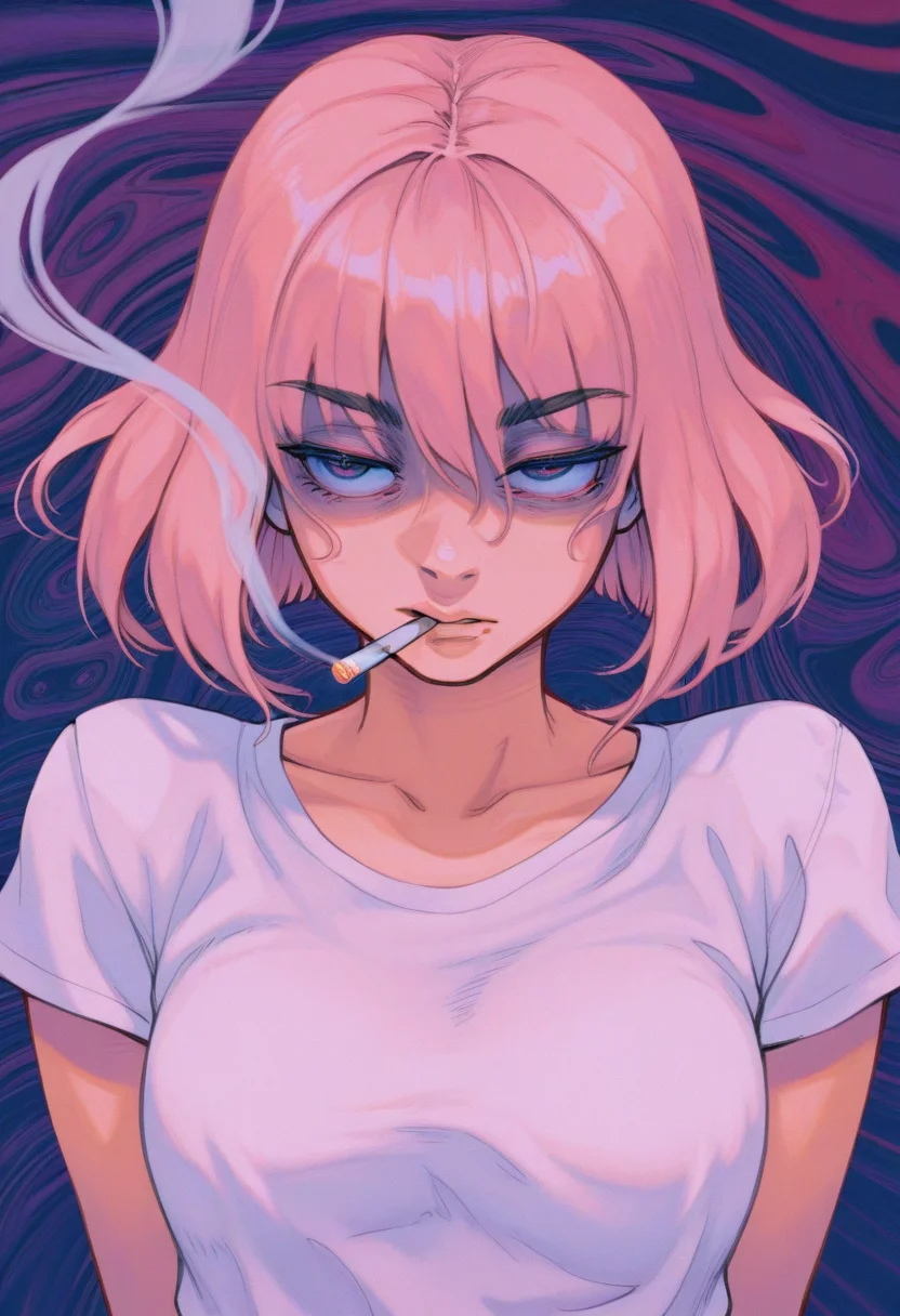 r3110style, masterpiece, best quality, solo, 1girl, smoking a cigarette, psychedelic,