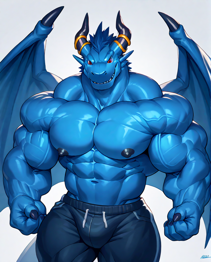 source_furry,score_9,score_8 up,score_7 up,score_6 up,male,anthro,furry,1boy,solo,blue_dragon,dragon,wings,horns,blue body,red eyes,muscles,muscular,bodybuilder,abs,pectorals,biceps,huge muscles,large muscles,hyper muscles,<lora:Blue_Dragon:0.9>,massive muscle,hyper muscular,<lora:Hyper_Mass:0.8>,