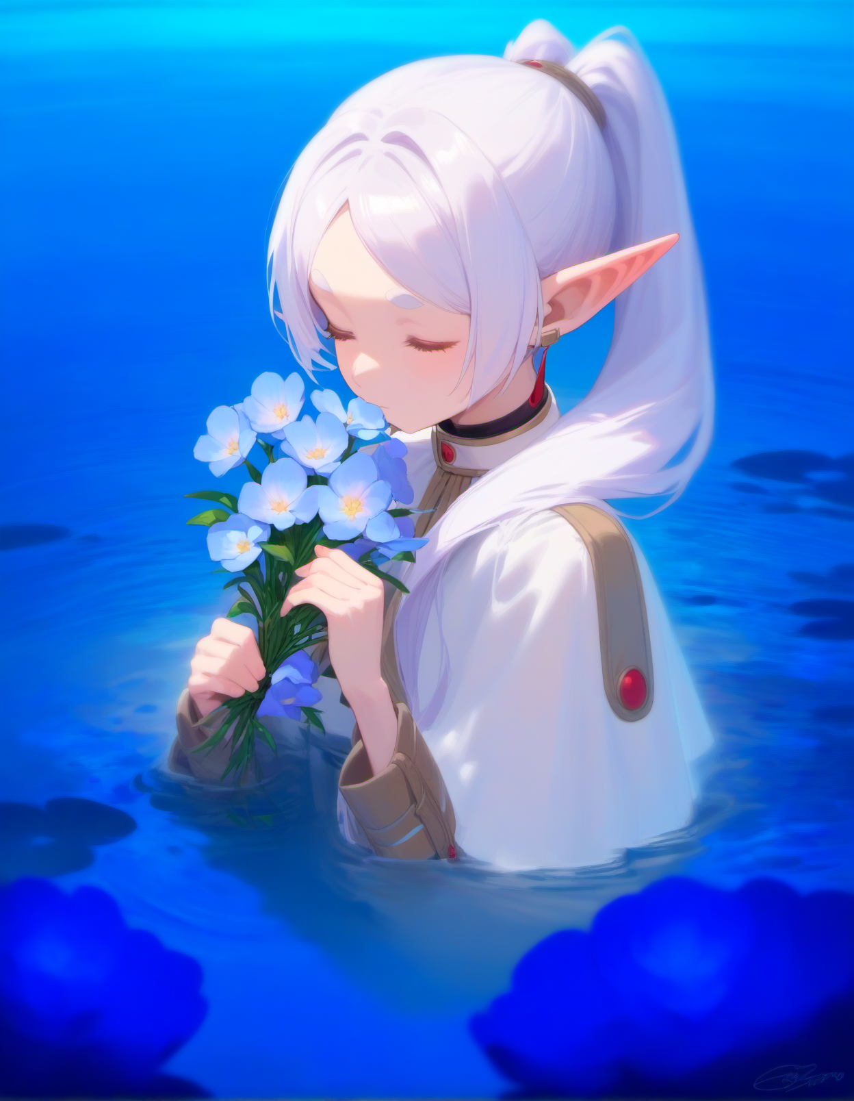 score_9, score_8_up, score_7_up, score_6_up,
nereirfpnxl, frieren, rating:safe, flower, water, pointy ears, blue flower, closed eyes, reflection, holding flower, holding, elf, long hair, bouquet, ponytail, ripples, hair flower, 1boy, hair ornament
<lora:frieren_nereirfpnxl_pony:1>