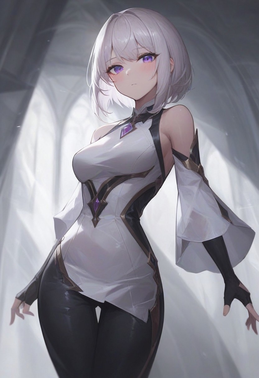 1girl, shiny_skin, horny, score_9, score_8, score_7, BREAK source_anime, straight hair, good colors, best body, thigh, good legs, detailed bangs, eyeliner, black eyeliner, perfect body, perfect eyes, 1girl, blush, BREAK score_9, score_8_up, score_7_up, score_6_up, source_anime, girl focus, background, perfect arms, standing, closeup, portrait, dynamic poses, solo, breasts, looking at viewer, bangs, white hair, bare shoulders, medium breasts, purple eyes, dress, headshot, detailed dress, shoulder-length_hair, black pants, white sleeves, detached sleeves, black fingerless gloves, best lineart, black pants, background, effects, medium hair (shoulder length), detailed face, detailed eyes, Jinkhok, expressionless, pants, glass dress, white dress, sharp glass,