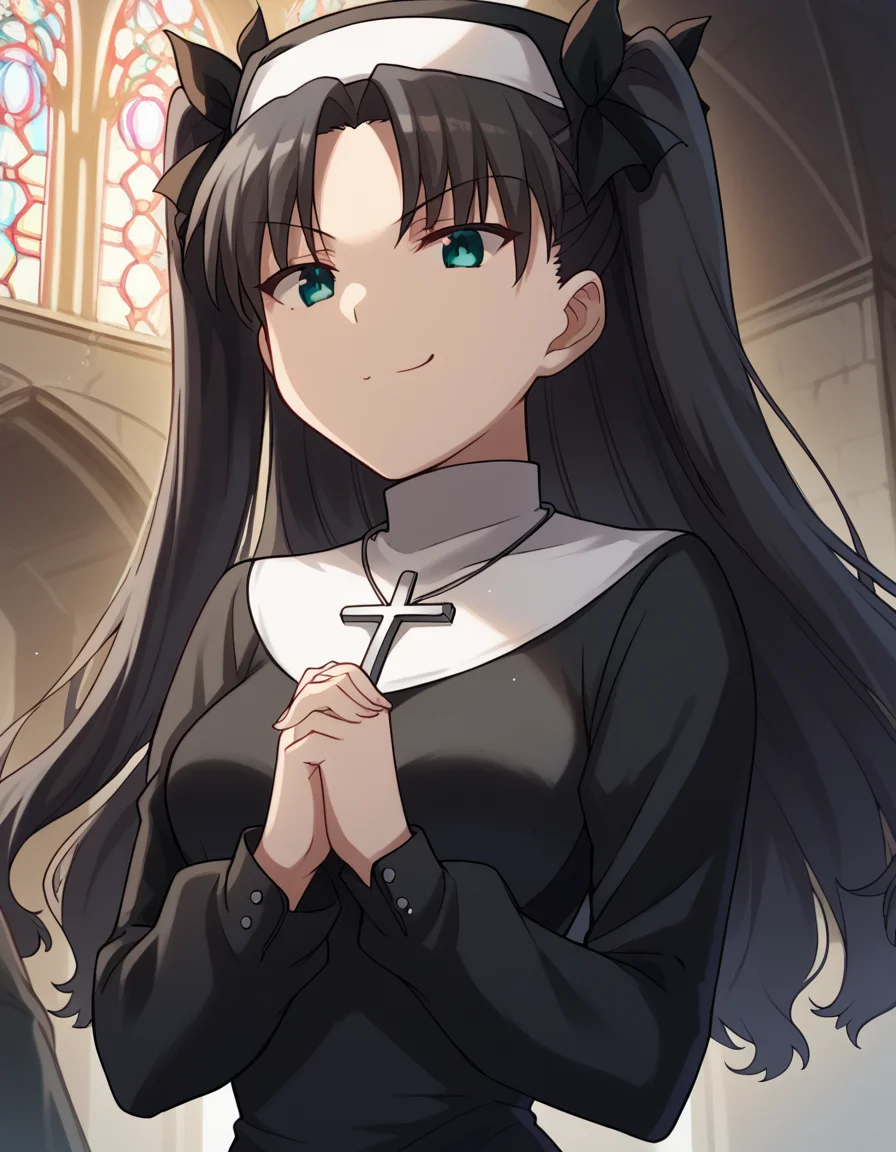score_9, score_8_up, score_7_up, source_anime, <lora:carnivalphantasm-rin-tohsaka-ova-ponyxl-lora-nochekaiser:1>, rin tohsaka, aqua eyes, black hair, hair ribbon, long hair, ribbon, sidelocks, two side up, parted bangs, medium breasts,, <lora:traditional-nun-ponyxl-lora-nochekaiser:1>, traditional nun, nun, habit, long sleeves, dress, black dress, jewelry, black veil, cross, cross necklace,, church, smug, praying,, , dutch angle, cowboy shot