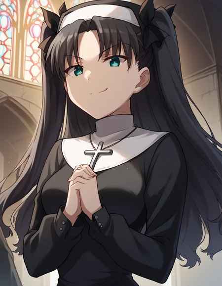 score_9, score_8_up, score_7_up, source_anime, <lora:carnivalphantasm-rin-tohsaka-ova-ponyxl-lora-nochekaiser:1>, rin tohsaka, aqua eyes, black hair, hair ribbon, long hair, ribbon, sidelocks, two side up, parted bangs, medium breasts,, <lora:traditional-nun-ponyxl-lora-nochekaiser:1>, traditional nun, nun, habit, long sleeves, dress, black dress, jewelry, black veil, cross, cross necklace,, church, smug, praying,, , dutch angle, cowboy shot