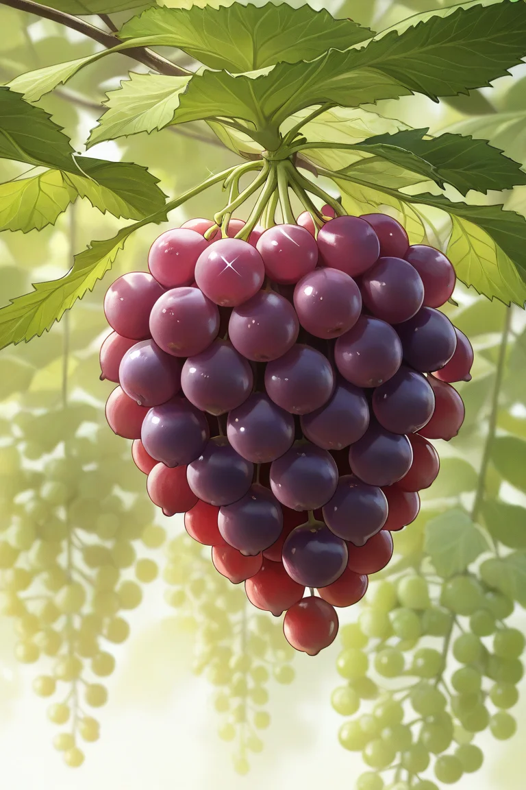 realistic shading, natural lighitng, food focus, dafoodie, sparkling food focus, sparkle, hanging grapes, close-up, leaves. blurry outdoors grape farm, dutch angle, dynamic angle, intricately detailed illustration, depth of field, atmospheric perspective, masterpiece, best quality, amazing quality, very aesthetic, absurdres, newest