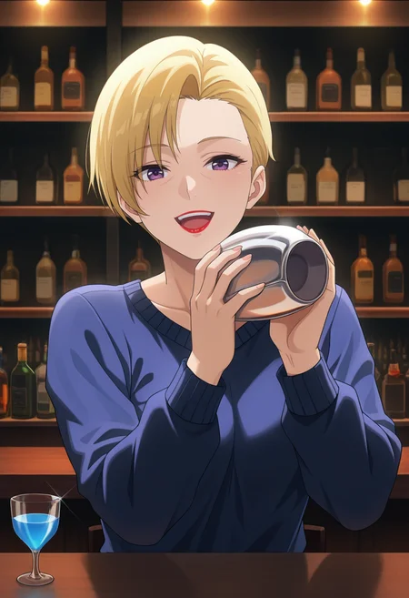masterpiece, best quality, amazing quality, 1girl, solo, heidemarieww, mature female, purple eyes, blonde hair, short hair, lipstick, red lips, toned, small breasts, sweater_dress, <lora:Barrow_Heidemarie_Bravern_ill:0.9>, cocktail glass, cocktail shaker, hands up, holding, smile, teeth, upper teeth only, open mouth, :d, looking at viewer, upper body, pov counter view, indoors, bar \(place\), bartender, bottle, cup, drinking glass, shelf, counter, skindentation, detailed clothing folds, depth of field, sharp, high contrast, dynamic light