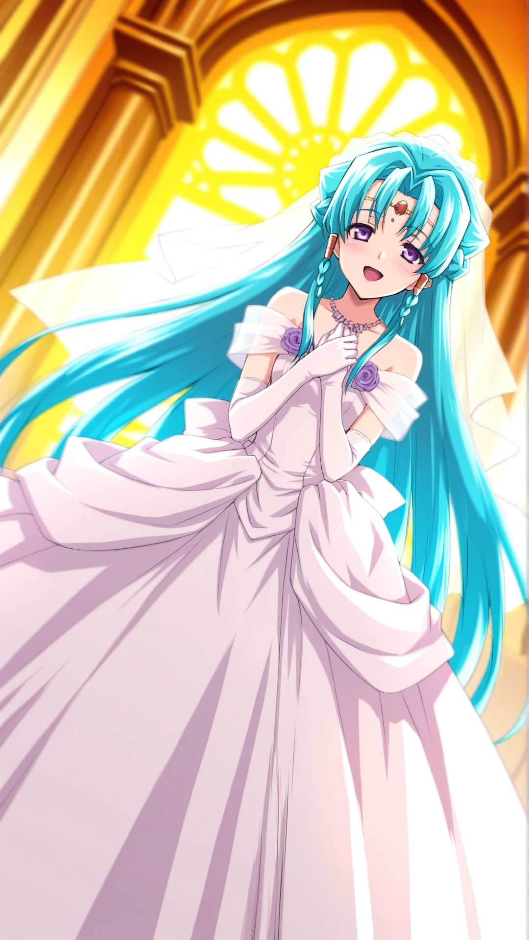 source_anime, general, best quality, masterpiece, 1girl,  <lora:shana_mia_ill_v1.0:1.0> shana_mia\(srw\),purple eyes,long hair,braid, very long hair,aqua hair, hair tubes, wedding dress,chapel, happy, (embarrassed:0.8),  dynamic pose, dutch angle,