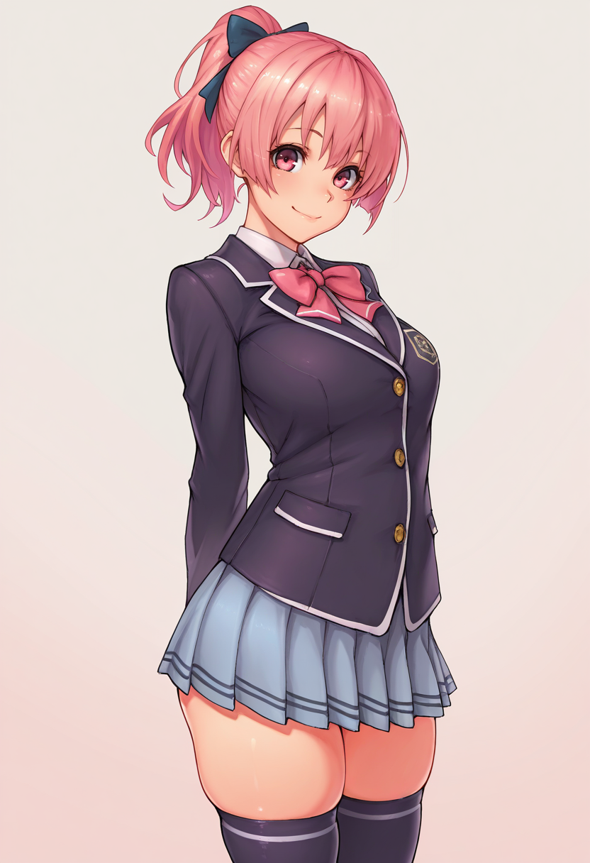 masterpiece, best quality, 
<lora:st-retcher:1> r3tch3r, 1girl, solo,standing,looking at viewer, happy, closed mouth,pink hair, ponytail, pink eyes,school uniform, bow, long sleeves, skirt, skindentation, thighhighs,