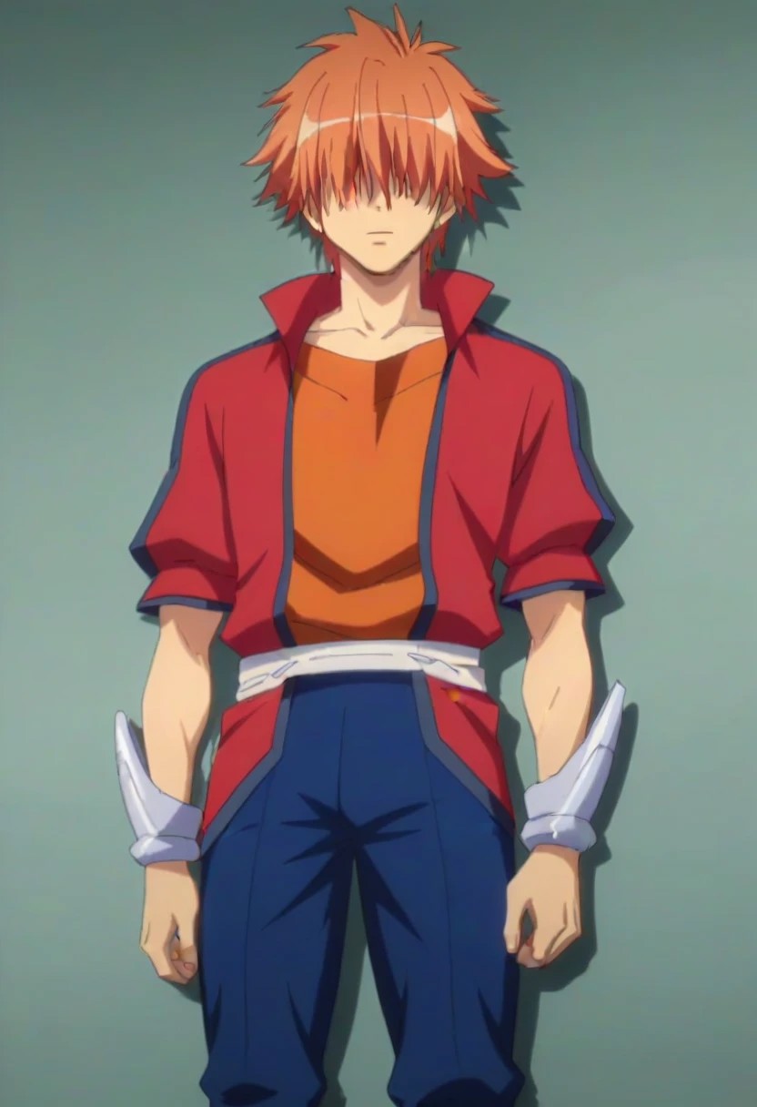 ((masterpiece)), ((best quality)), ((ultra-detailed)), score_9_up, score_8_up, score_7_up, HD, top quality, best quality, High-quality illustrations, anime screencap, perfect anatomy, 1boy, 1male, male anime character, anime boy, solo male, male focus, Ryuuto Henge, orange hair, long bangs, hidden eyes, long red jacket, orange shirt, silver arm gauntlets, blue pants, silver boots, lean body, slender body, slim body, tall, tall body, tall height