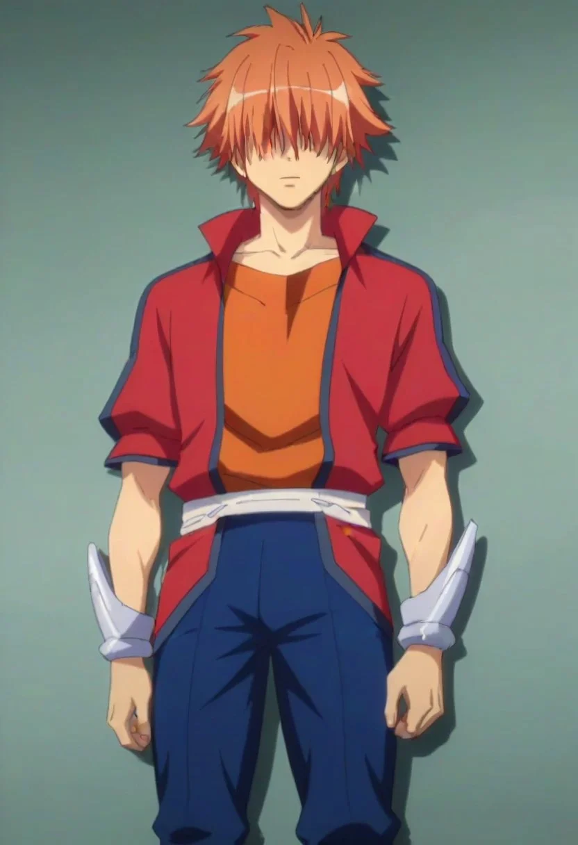 ((masterpiece)), ((best quality)), ((ultra-detailed)), score_9_up, score_8_up, score_7_up, HD, top quality, best quality, High-quality illustrations, anime screencap, perfect anatomy, 1boy, 1male, male anime character, anime boy, solo male, male focus, Ryuuto Henge, orange hair, long bangs, hidden eyes, long red jacket, orange shirt, silver arm gauntlets, blue pants, silver boots, lean body, slender body, slim body, tall, tall body, tall height