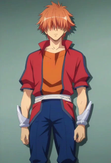 ((masterpiece)), ((best quality)), ((ultra-detailed)), score_9_up, score_8_up, score_7_up, HD, top quality, best quality, High-quality illustrations, anime screencap, perfect anatomy, 1boy, 1male, male anime character, anime boy, solo male, male focus, Ryuuto Henge, orange hair, long bangs, hidden eyes, long red jacket, orange shirt, silver arm gauntlets, blue pants, silver boots, lean body, slender body, slim body, tall, tall body, tall height