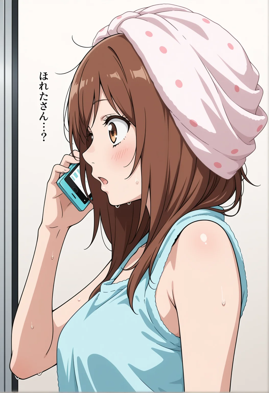 masterpiece,best quality,amazing quality,
<lora:NoobV065sHyperDmd:.5>, <lora:futaba_yoshioka_meipaws:1>
1girl, towel on head, talking on phone, brown hair, polka dot, wet hair, blush, cellphone, open mouth, brown eyes, profile, upper body, bare shoulders, sleeveless