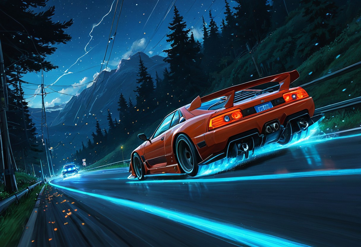 (studio ghibli digital drawing), best quality, masterpiece, extremely detailed, professional art, professional painting, an extremely delicate and beautiful, dynamic, depth of field, elegant, gorgeous, highly detailed, full shot, uncropped, absolutely perfect, highly detailed, breathtaking, sci-fi drift car, hoverwheels, blue glowing hover wheels, drifting around corner, light streaks, beautiful mountain road,
At night, night, night sky, dark sky,