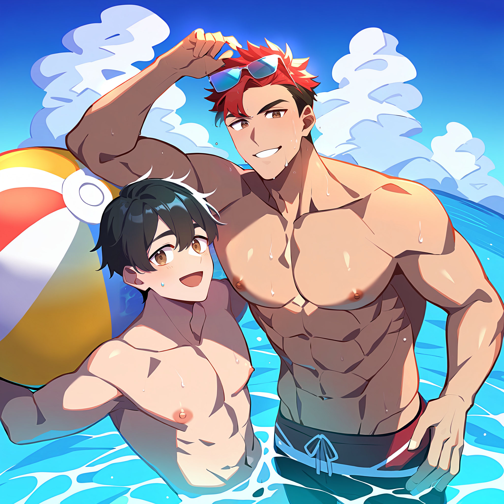 2boys, male focus, multiple boys, muscular male, muscular, nipples, abs, navel, topless male, sunglasses, looking at viewer, looking at another, smile, eyewear on head, male swimwear, swim briefs, swim trunks, beachball, partially submerged, wet, short hair, black hair, red hair, brown eyes, sky, cloud, ocean, day, outdoors, best quality, amazing quality, best aesthetic, absurdres, year 2023