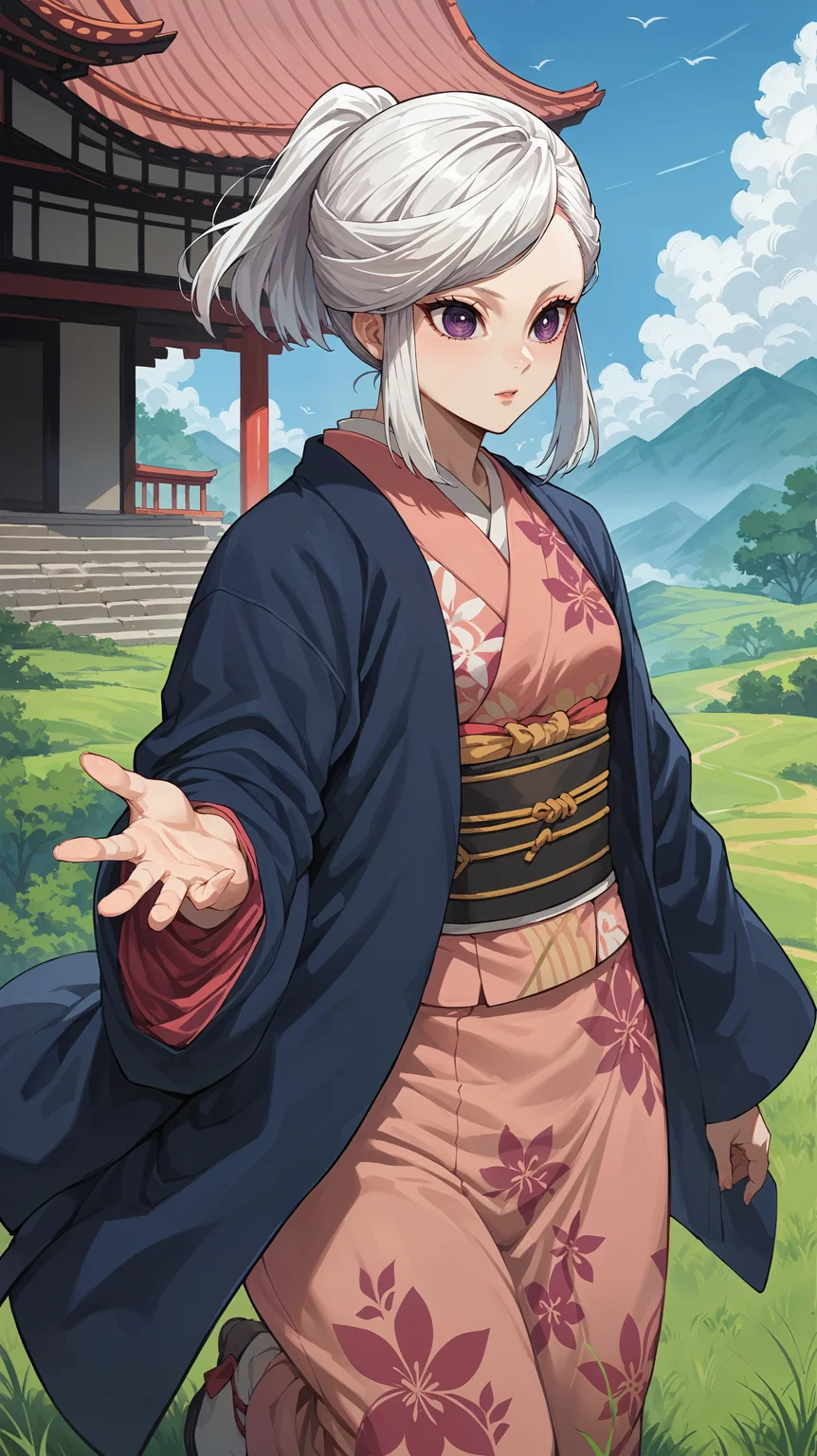score_9,score_8_up,score_7_up,score_6_up, source_anime, zPDXL3, <lora:xl_more_art-full_v1:0.5>, woman, dynamic pose, standing, <lora:Amane Ubuyashiki - Pony-000004:0.8>, white hair, hair up, purple eyes, pink kimono, blue haori, blue coat, east asian architecture, open field, grass,