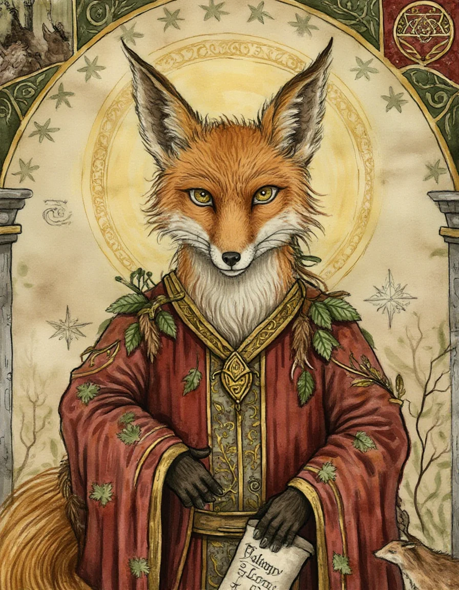 dijldflklr, A medieval European folk art-style portrait of Reynard the Fox, the legendary trickster, shown from the waist up in a noble, human-like pose. He wears elegant red and gold robes richly embroidered with leaves, vines, and heraldic patterns, evoking medieval nobility. His fur is a vibrant russet-orange, meticulously brushed, and his eyes are the focal point â large, almond-shaped, and gleaming with intelligence and charm. The irises shimmer with warm amber tones, subtly flecked with gold, and contain swirling medieval motifs like tiny spirals and knots, suggesting magical cunning and ancient wisdom. His expression is poised and enigmatic, a clever smile playing at the edges of his mouth. One paw is tucked into his robe, the other rests on a scroll inscribed with mysterious glyphs. The background is parchment-toned with manuscript-style flourishes: curling vines, stars, woodland animals, and a fox-themed coat of arms. A faint golden aura outlines him like a saint in medieval art. Earthy colors with deep reds, muted golds, and aged greens dominate. Naive folk art style, flat perspective, rich eye detail, storytelling tone, whimsical medieval charm.
<lora:jld-folk-art_v10:1>