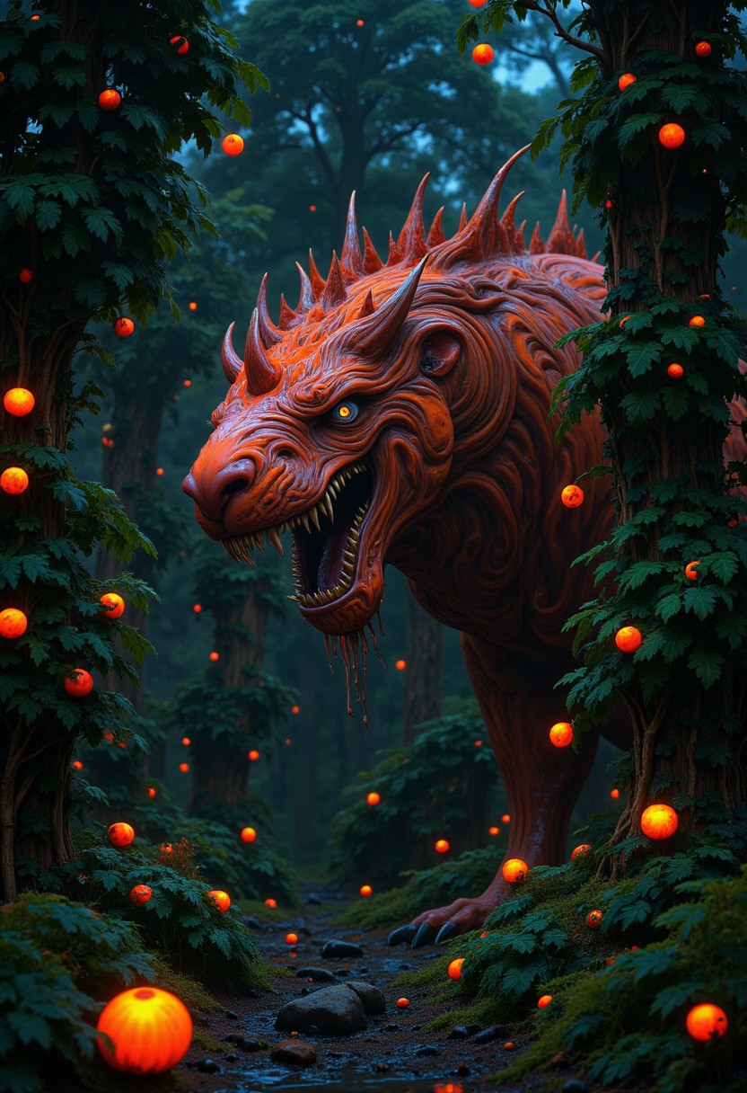 weird animal creature in magical forest with fireflies, fluorescent plants, otherworldly. masterpiece, best quality, high quality, high-res, ultra-detailed, best quality, 8K, high resolution, extreme detail, photography, Hyper-realistic, many details, extreme detailed, full of details, monster, creature, highly detailed,  moody, epic, gorgeous, film grain, grainy