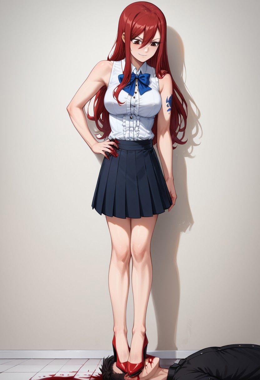 score_9,score_8_up,score_7_up,score_6_up,score_5_up,score_4_up,score_anime, only two persons,
best quality,absurdres,Cinematic Lighting, ev1prncs, Expressiveh, erza scarlet, long hair, red hair, hair between eyes, brown eyes,  skirt, shirt, bow, high heels, stiletto heels, sleeveless, sleeveless shirt, tattoo, white shirt, frills, skinny, athletic, dynamic shot, head trampling, face trampling, femdom, 1girl, dominant expression, looking down, girl standing, 1man, man slave, man lying on floor, faceless man, his head was flattened, crush head, man writhes in pain , high heel pierces man's eye, high heels dug right through  man's head, blood, heels pierced man's head, torture, squeeze man's face, kicks in face, dynamic foot stomping