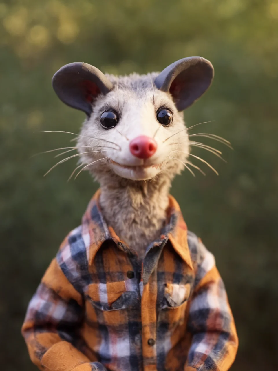 portrait of anthropomorphic possum in plaid shirt fall colors <lora:Opossum-possum-000002:1> possum, stop motion, stopmo, animation, fir <lora:SDXL-clayanim:.4> clayanim , outdoors