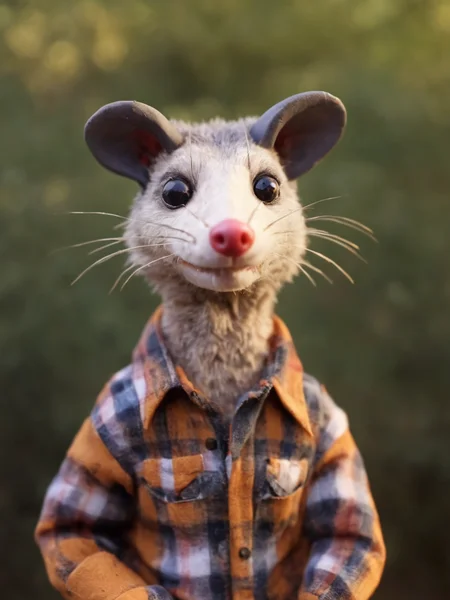 portrait of  anthropomorphic possum in plaid shirt fall colors  <lora:Opossum-possum-000002:1> possum, stop motion, stopmo, animation, fir  <lora:SDXL-clayanim:.4> clayanim , outdoors