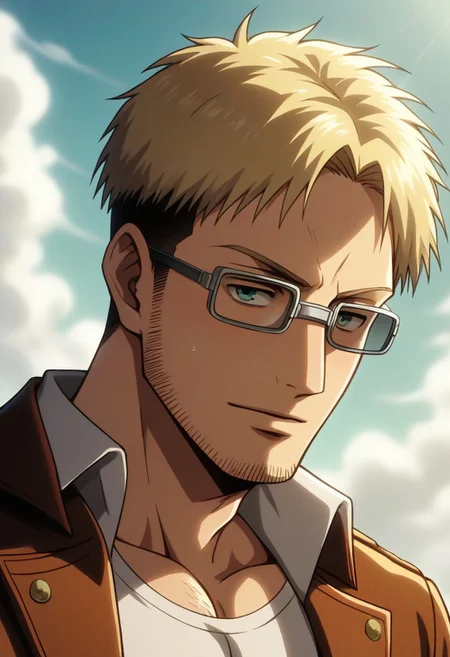 score_9, score_8_up, score_7_up, score_6_up, perfect anatomy, perfect proportions, best quality, masterpiece, high_resolution, high quality, aesthetic, absurdres, (male focus), solo male, Abel, ((blond hair)), short hair, (long sideburns, thick facial hair, beard, chinstrap stubble, jawline stubble), paradis military uniform \(Attack on Titan\), (open tan color cropped jacket, olive green undershirt), (wearing glasses, thick-rimmed giggles with bands around head, eyes behind goggles), adult, mature, masculine, manly, handsome, charming, alluring, (portrait, headshot), upper body, dutch angle, source_anime, Attack on titan, AoT1024, wears a costume