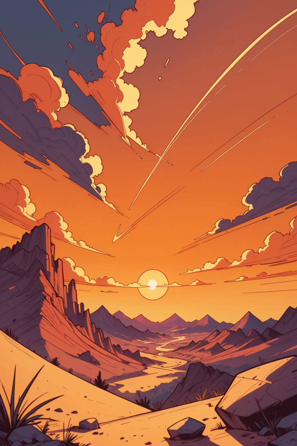 no humans, scenery, outdoors, sky, cloud, sunset, sun, rock, desert, mountain, sand, landscape, cloudy sky, orange sky, sunrise, cliff, gradient sky, <lora:Expressive_H:0.5>, score_9, score_8_up, score_8_up, a_Comic_Illustration, rough lines with ink, (drawn:1.1), (sketch:1.5), (crosshatching:1.25), (comic style:1.1), graphic novel style, sharp lines, hires, zstyle, (western comics \(style\):1.1), (hatching \(texture\):1.2), zPDXL, Mr_Monster_Possitive
