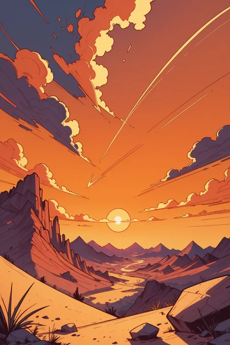 no humans, scenery, outdoors, sky, cloud, sunset, sun, rock, desert, mountain, sand, landscape, cloudy sky, orange sky, sunrise, cliff, gradient sky, <lora:Expressive_H:0.5>, score_9, score_8_up, score_8_up, a_Comic_Illustration, rough lines with ink, (drawn:1.1), (sketch:1.5), (crosshatching:1.25), (comic style:1.1), graphic novel style, sharp lines, hires, zstyle, (western comics \(style\):1.1), (hatching \(texture\):1.2), zPDXL, Mr_Monster_Possitive