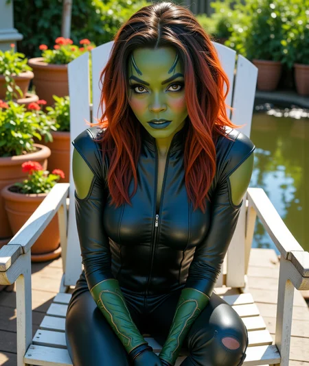 Digital cinema, 4K resolution, Ultra HD, Sorensen Code 2 compression, modeling poses,Hyperrealistic, She is approximately 18 years old, she is smiling, dynamic angles, multiple angles,She is looking at the camera, photoshoot poses; A photo of Gamora, a superheroine from the Marvel Comics universe, is shown. She is wearing a green and black costume. she is posing for the camera. , a woman with huge breasts, she is sitting in a white deck chair, on a dock lined with beautiful flower pots, a beautiful pond is in the background. The scene is set in a cozy and inviting atmosphere, with the woman being the main focus of the image. she has the perfect milf body, thin waist, wide hips, golden triangle, she is posing for the camera with a smile on her face. Style: realistic hyper-detailed rendering, 32k UHD, expressive eyes, punk, graphic design, girl's face, pretty and cute, gleaming lips, telling a tale of adventure. Exuding confidence and serenity. The overall mood of the image is happy and relaxed,detailed skin texture,(blush:0.2),(goosebumps:0.3),subsurface scattering,with a playful and whimsical tone, aidmafluxpro1.1, Detailed hand, perfect hands, Niji style, retro50s_style, looking at the camera, looking at the camera, looking at the camera